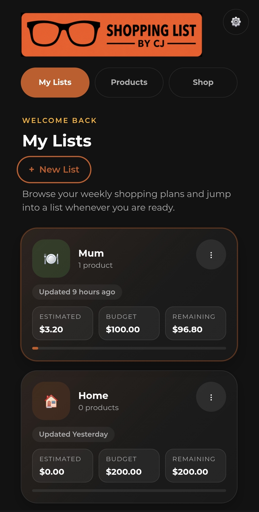 Shopping List by CJ app showing a weekly shopping list with items grouped and checked off